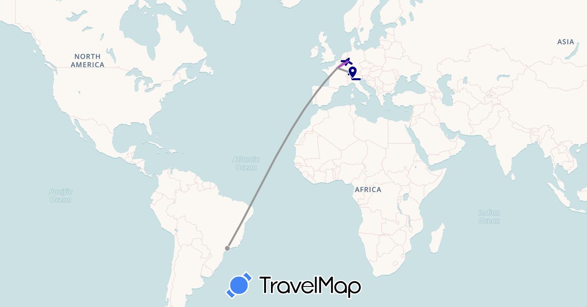 TravelMap itinerary: driving, plane, train in Belgium, Brazil, Switzerland, Germany, France, Italy, Liechtenstein, Luxembourg (Europe, South America)